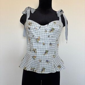 Reformation Kassi Linen Top Al Fresco Blue Gingham Top With Shoulders Bows